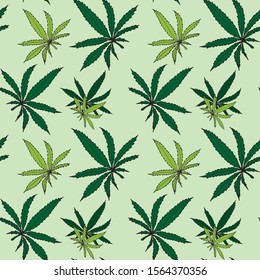 Vector seamless pattern with cannabis leaves. On a white background, colored. Drawn in doodle style, by hand. For design, textile, backgrounds, packaging, ornament, fabric, factories, wall