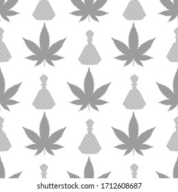 Vektorillustration nahtloses Muster mit Cannabisblättern und Ölflasche einzeln auf weißem Hintergrund. Minimales monochromes CBD-Konzept.