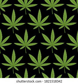 Vector seamless pattern with cannabis leaves on black background. Bright colorful flat stylized background.