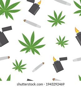 Vektornahtloses Muster von Cannabis, Feuerzeugen, Zigaretten auf weißem Hintergrund. Marihuana