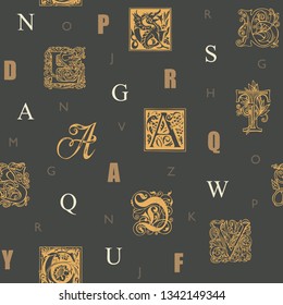 Vector seamless pattern with capital letters and hand drawn initial letters on a backdrop. Repeating background with alphabet letters. Can be used as wallpaper, wrapping paper or fabric