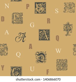 Vector seamless pattern with capital letters and hand drawn initial letters on a beige backdrop. Repeating background with colored alphabet letters. Can be used as wallpaper, wrapping paper or fabric