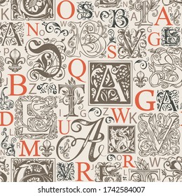 Vector seamless pattern with capital letters and hand-drawn initial letters on a light backdrop. Repeating background with alphabet letters. Suitable for wallpaper, wrapping paper or fabric