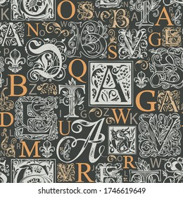 Vector seamless pattern with capital letters and hand-drawn initial letters on a dark backdrop. Decorative background with alphabet letters. Suitable for wallpaper, wrapping paper or fabric