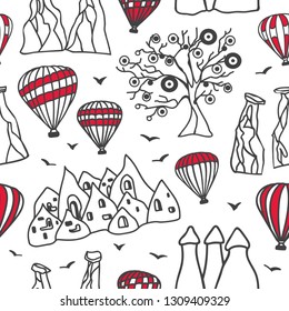 Vector seamless pattern Cappadocia. Hand drawn black outlines with red elements. Doodle sketch on white background. Modern design for touristic print, backdrop, wrapping paper.