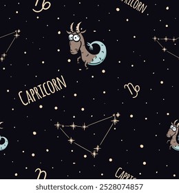 Patrón sin fisuras de Vector con signo del zodiaco Capricornio. Tema astrológico. Fondo con cielo estrellado y constelación para envolver papel, regalo, decoración