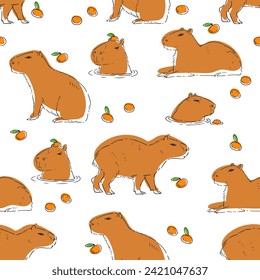 Vector seamless pattern with capybaras isolated on white background. Texture with cute animals in sketch style.