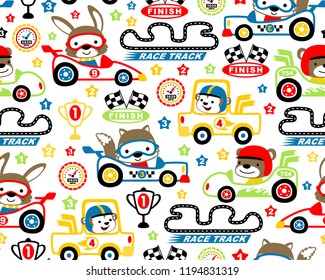 Vector of seamless pattern of car racing elements cartoon with funny animals racer