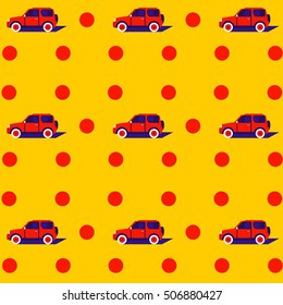 Vector seamless pattern with car in the style of pop art. Bright yellow background with red circles. Template for banner, card, invitation, packaging, textile, fabric, cover, flyer and wrapping paper.