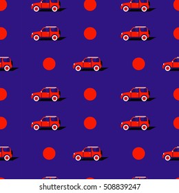 Vector seamless pattern with car in the style of pop art. Bright blue background with red circles. Template for banner, card, invitation, packaging, textile, fabric, cover, flyer and wrapping paper.