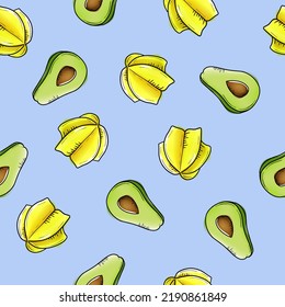 Vector seamless pattern, carambola and avocado in watercolor style with black contour