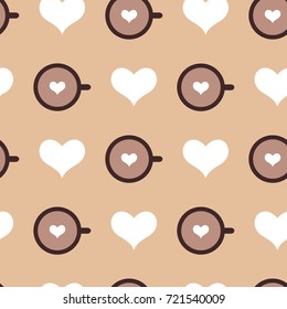 Vector seamless pattern with caramel backdrop, cups of coffee and white hearts. Creative background for cafe, menu of restaurant, wrapping paper. EPS10. Can be used as print on t-shirt.