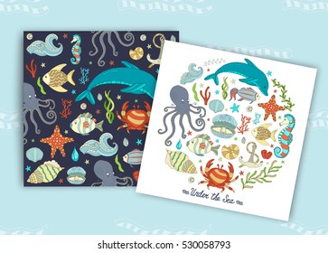 Vector seamless pattern and card Colorful wild sea life shell, jellyfish, fish, starfish, octopus, whale, dolphin, seahorse. Elements background set.