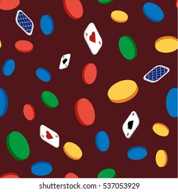 Vector seamless pattern with cards and chips on a red background