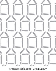Vector seamless pattern with careless houses. Abstract background made using of brush smears. Monochrome hand drawn texture