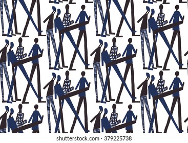 Vector seamless pattern with careless people. Abstract background made using of brush smears. Monochrome hand drawn texture