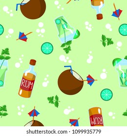 Vector seamless pattern with caribbean cocktails. Refreshing alcoholic summer drinks on a bright background. Mojito, pina colada and rum with ingredients for cooking