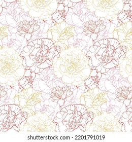 Vector seamless pattern of carnations flowers red,pink,yellow outlines,hand-drawn contour lines,strokes,blooming flowers,botanical texture,flora background.Blossom,Beautiful of nature.