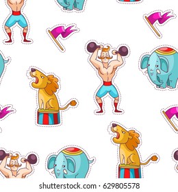 Vector seamless pattern with carnival stickers. Hand drawn illustrations of circus isolated elements. Fair background. Color texture with lion, elephant and strongman.