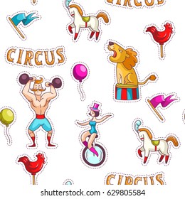 Vector seamless pattern with carnival stickers. Hand drawn illustrations of circus actors. Fair background. Color texture with girl on unicycle, strongman and animals isolated on white.