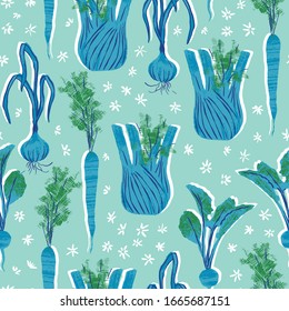 Vector seamless pattern with carrot, garlic, fennel, radish. Vegetable garden hand drawn illustration. Trendy design for textile, wallpaper, packaging.