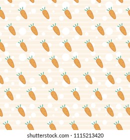 Vector seamless pattern with carrots and bubbles on striped backdrop. Cute wallpaper for children. For print on clothes for boys and girls, package, banner, wrapping paper, decoration. EPS10.
