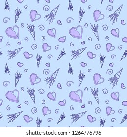 Vector seamless pattern with carrots, curls and hearts,purple on a blue background. Great for printing and textile design.Hand drawn