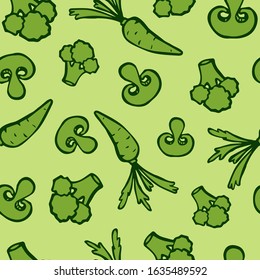 vector seamless pattern with carrots, mushrooms and broccoli. it can be used as a design for prints, kitchen textiles, packaging paper, and other things.