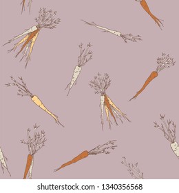 Vector seamless pattern with carrots and vegetables purple background with food