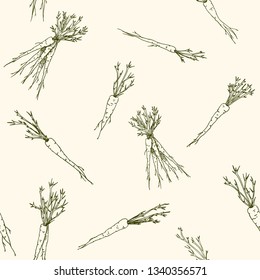 Vector seamless pattern with carrots and vegetables yellow background with food