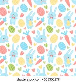 Vector seamless pattern with carrots,eggs,rabbits and hearts for Easter. Bright color background for the Easter cards, paper wrapper and other objects.