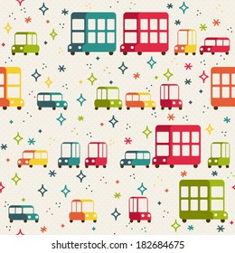 Vector seamless pattern of cars. Cartoon vehicles. Kid's elements for scrap-booking. Childish background. Hand drawn vector illustration. 