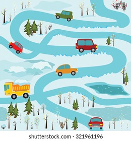 Vector seamless pattern with cars and construction equipment in the winter forest roads. It can be used as a pattern for the fabric, children's play mat, board games and etc.
