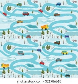 Vector seamless pattern with cars and construction equipment in the winter forest roads. It can be used as a pattern for the fabric, wrapping paper, children's play mat, board games and etc.