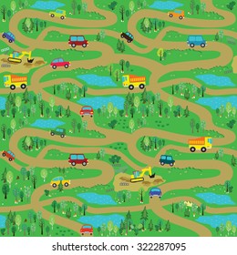 Vector seamless pattern with cars and construction equipment in the summer forest roads. It can be used as a pattern for fabric, children's play mat, board games and etc.