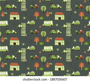 
Vector seamless pattern with cars on the road in the city. Cartoon background for boys and girls. Childrens hand drawn wallpaper