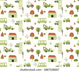 
Vector seamless pattern with cars on the road in the city. Cartoon background for boys and girls. Childrens hand drawn wallpaper