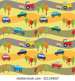 Vector seamless pattern with cars on the roads on autumn forest background