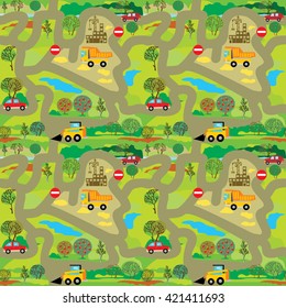 Vector seamless pattern with lot of cars on the roads.  