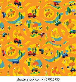 Vector seamless pattern. A lot of cars on autumn forest roads. The yellow orange background.