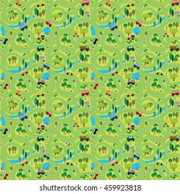 Vector seamless pattern. A lot of cars on a summer forest roads. The light green background.