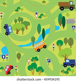 Patrón sin fisuras de Vector. Un montón de coches en las carreteras forestales de verano. El fondo verde claro.