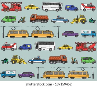 Vector seamless pattern with cars. Traffic. Doodle set. 