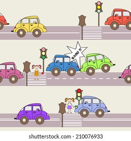 Vector seamless pattern with cars and traffic. Background for use in design, web site, packing, textile, fabric