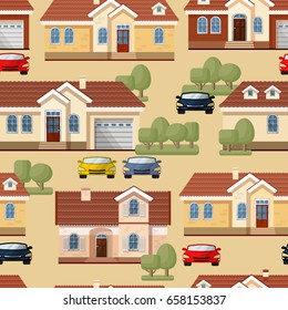  Vector seamless pattern of cars, trees and houses on beige. Town  background.