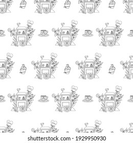 Vector seamless pattern a cart for flowers. Muffin with cream and cherry. A cup of tea. Candy. Line art design. 