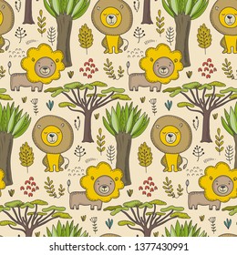 Vector seamless pattern with cartoon African animals, jungle plants and trees. Colorful endlss background. Illustration for cards, textile, baby shower, preschool and children room decoration