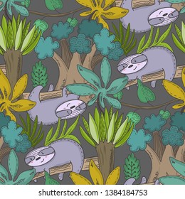 Vector seamless pattern with cartoon African animals, jungle plants and trees. Colorful endlss background. Illustration for cards, textile, baby shower, preschool and children room decoration