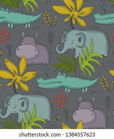 Vector seamless pattern with cartoon African animals, jungle plants and trees. Colorful endlss background. Illustration for cards, textile, baby shower, preschool and children room decoration