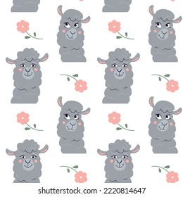 Vector Seamless Pattern With Cartoon Alpacas And Flowers. A Head Of Cute Lama With Different Emotion. Funny Animal Muzzle Wallpaper.